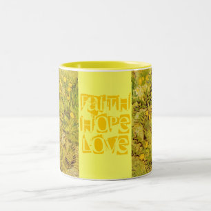 Faith Hope Love Monogram Vine Gogh Yellow Blossoms Two-Tone Coffee Mug
