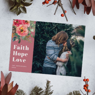 Faith Hope Love Muted Pink Floral Photo Christmas Holiday Card