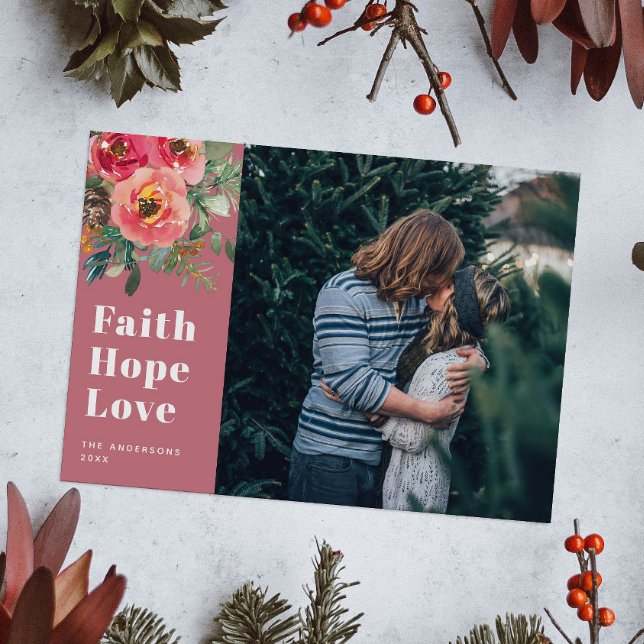 Faith Hope Love Muted Pink Floral Photo Christmas Holiday Card (Creator Uploaded)