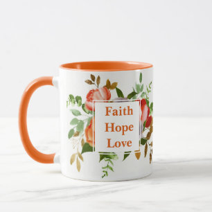 Faith Hope Love orange watercolor flowers Monogram Mug