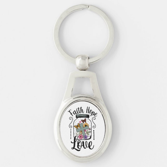 Faith, Hope, Love Oval Metal Keychain (Front)