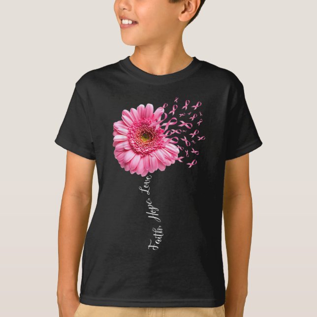 Faith Hope Love Pink Ribbon Daisy Flower  Breast C T-Shirt (Front)