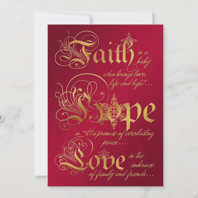 Faith, Hope, Love Red, Gold Photo Christmas Card (Front)
