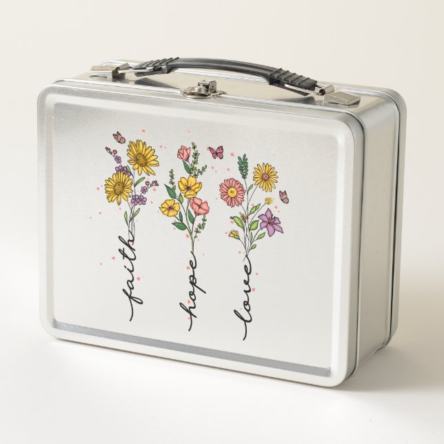 Faith, Hope, Love – Vibrant Floral Inspirational Metal Lunch Box (Front)