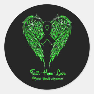 Faith Hope Love Wings Ribbon Green Mental Health A Classic Round Sticker