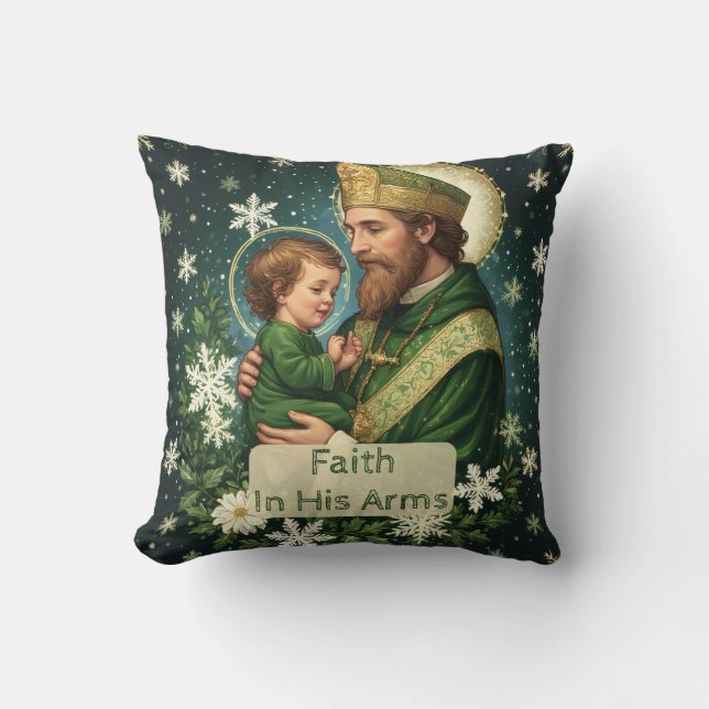 Faith in His Arms Saint Patrick with Baby Jesus  Cushion (Front)