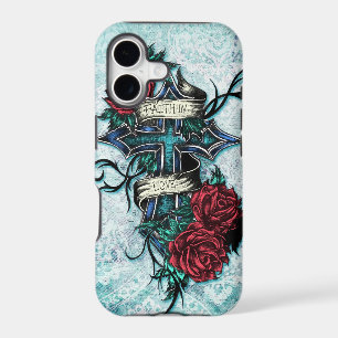 Faith in Love Roses and cross art on blue base