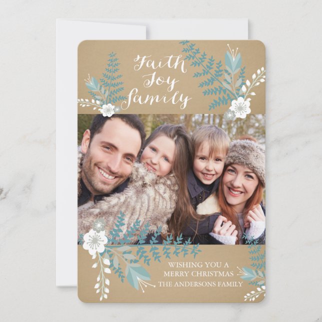 Faith Joy & Family Blue Floral Holiday Photo Card (Front)