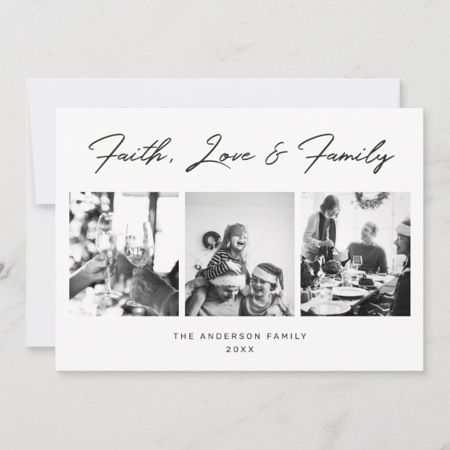 Faith, Love & Family Christmas. Modern Multi Photo Holiday Card (Front)