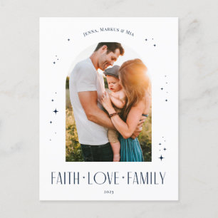 Faith Love Family Modern Arch Christmas Blue Holiday Postcard