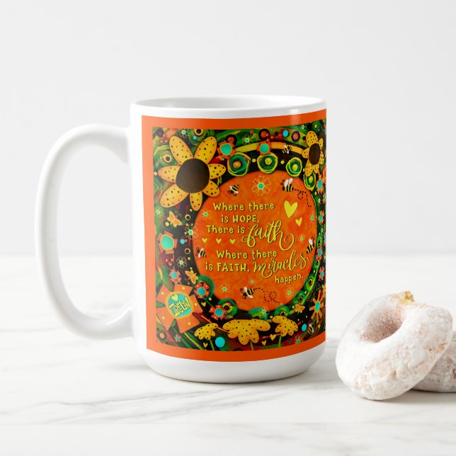 Faith Miracles Quote Floral Bumblebees Irelyn Coffee Mug (With Donut)