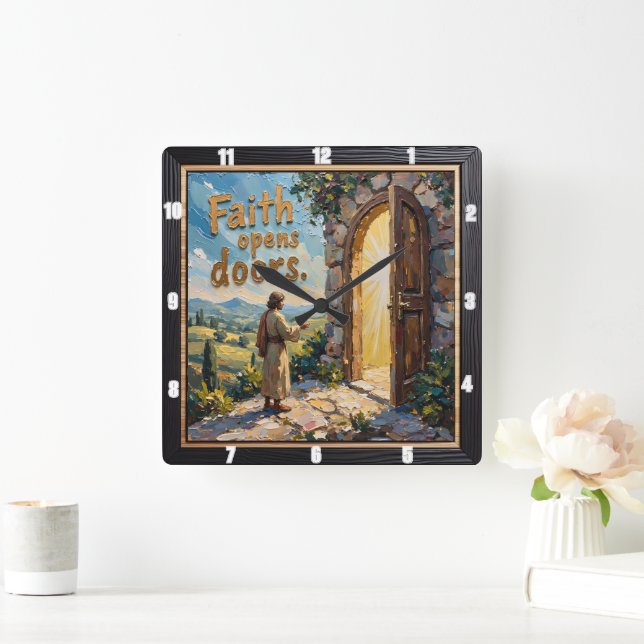 Faith opens doors square wall clock (Home)
