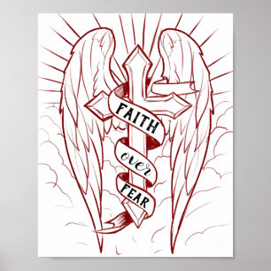 Faith Over Fear Angel Wings & Cross Christian Art Poster
