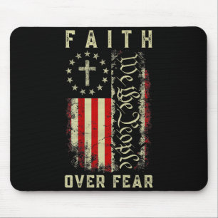 Faith Over Fear Christian Cross Usa American Flag Mouse Pad