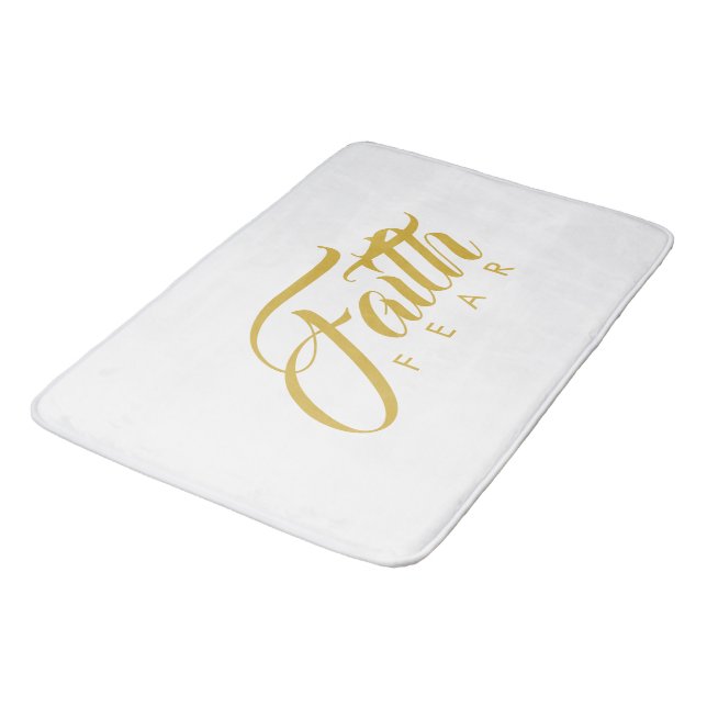 Faith Over Fear Gold and White Bath Mat (Angled)