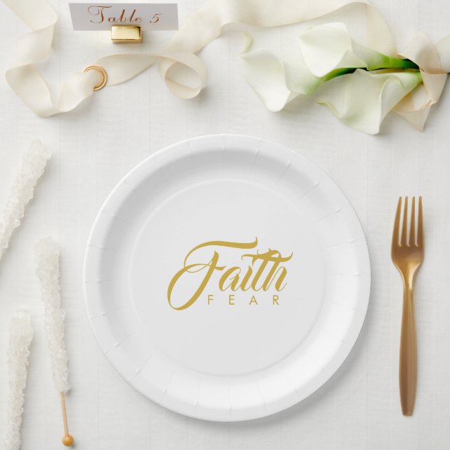Faith Over Fear Gold and White Paper Plate (Wedding)