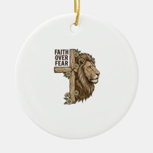 Faith Over Fear Lion Cross Vintage Christian Shirt Ceramic Ornament