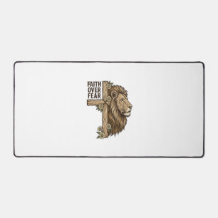 Faith Over Fear Lion Cross Vintage Christian Shirt Desk Mat