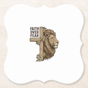 Faith Over Fear Lion Cross Vintage Christian Shirt Paper Coaster