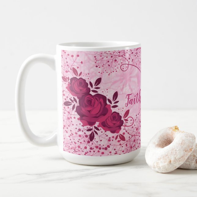 Faith Over Fear, Pink Roses Coffee Mug (With Donut)