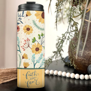 Faith Over Fear Pretty Yellow Floral Pattern Thermal Tumbler
