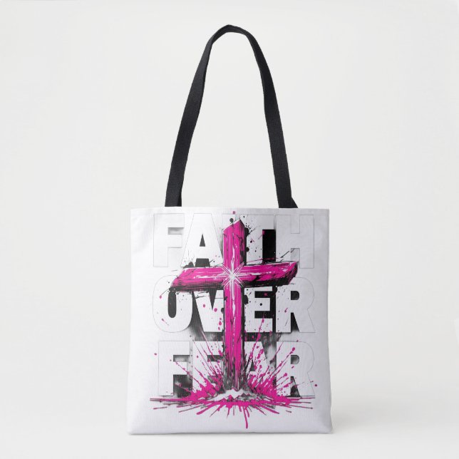 Faith Over Fear Tote Bag | Christian Cross Design (Front)