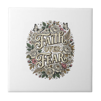 Faith Over Fear Vintage Floral Butterfly Ceramic Tile