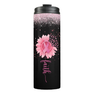 Faith Pink Ribbon Sunflower Black Thermal Tumbler