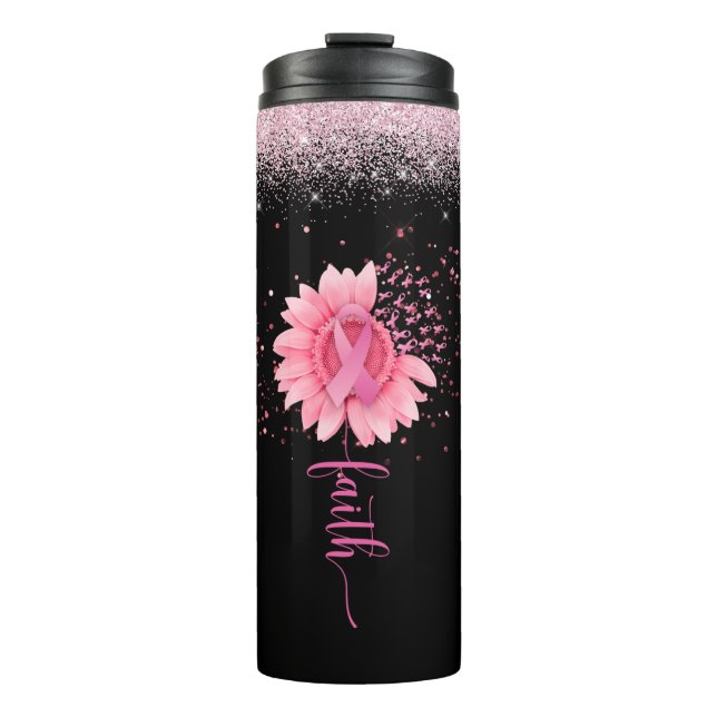 Faith Pink Ribbon Sunflower Black Thermal Tumbler (Front)
