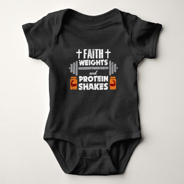Faith Weights Christian Gym Humour Exercise Baby Bodysuit (Front)