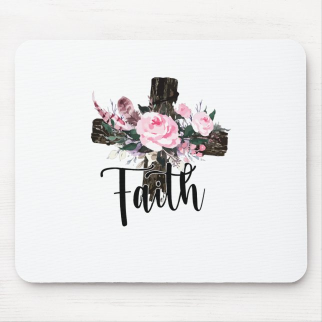 Faith Wood Cross with Flowers, Christian Faith Mouse Pad (Front)