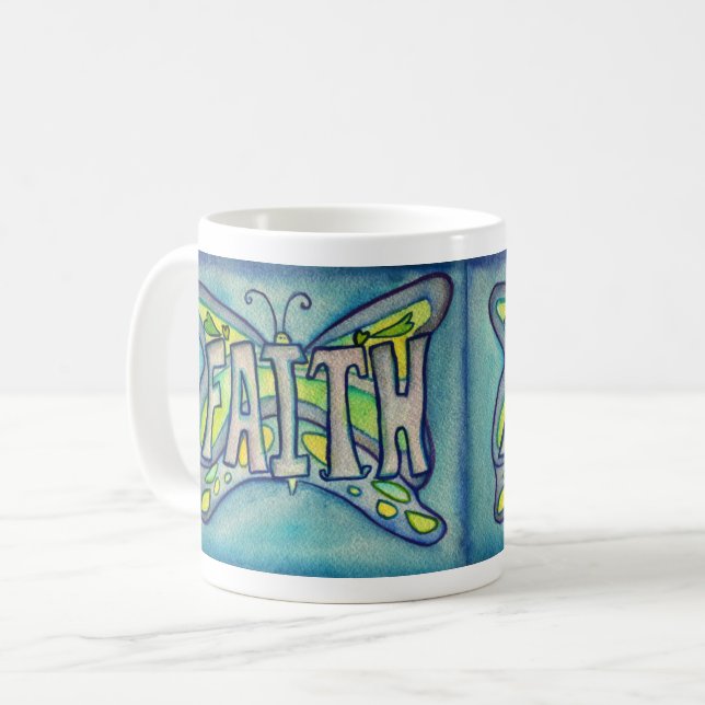 Faith Word Art Blue Butterfly Wings Coffee Mug (Front Left)