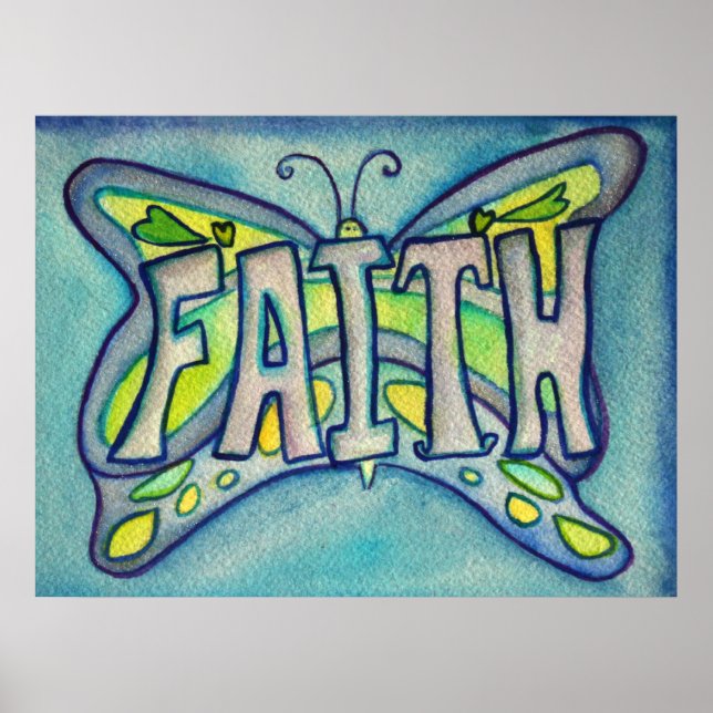 Faith Word Blue Butterfly Art Print Posters (Front)