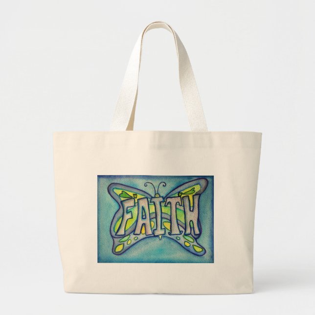 Faith Word Blue Butterfly Art Tote Bag (Front)
