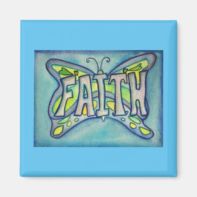 Faith Word Blue Butterfly Custom Art Magnet (Front)