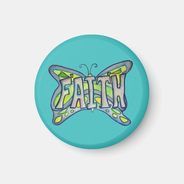 Faith Word Blue Butterfly Custom Art Magnet (Front)