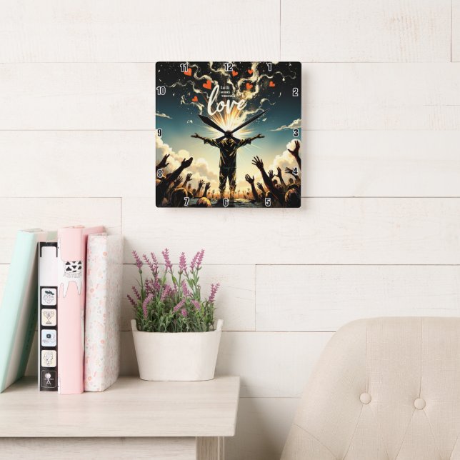 Faith works through love. Galatians 5:6 Square Wall Clock (Reading Room)