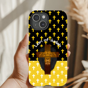 Faith Yellow Black White Cross Lion of Judah  iPhone 15 Case