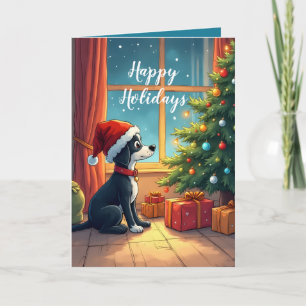 Faithful dog standing guard for Christmas morning Card
