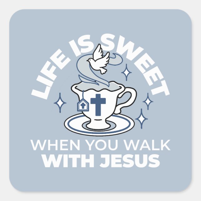 Faithful Living Art – Teacup with Cross and Dove  Square Sticker (Front)