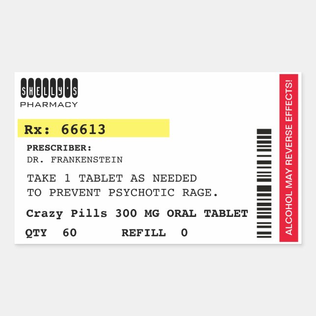 Fake Crazy Pills Prescription Label Halloween Prop (Front)