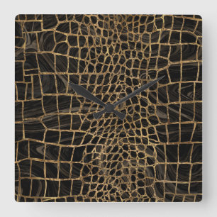 Fake Crocodile Black Liquid Marble and gold Square Wall Clock