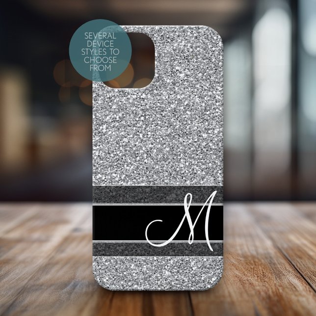 Fake Glitter Pattern with Monogram Silver Black Case-Mate iPhone Case (Personalized Phone Case with Monogram)