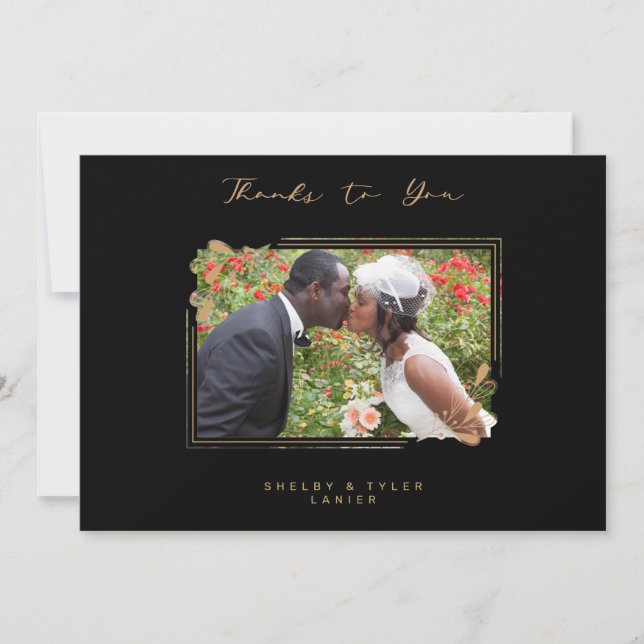 Fake Golden Branches Fancy Calligraphy Photo Thank You Card (Front)