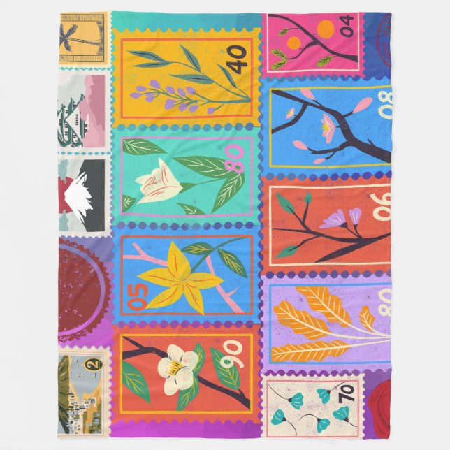 Fake Masterpiece Random Stamps Collage Collection Fleece Blanket (Front)