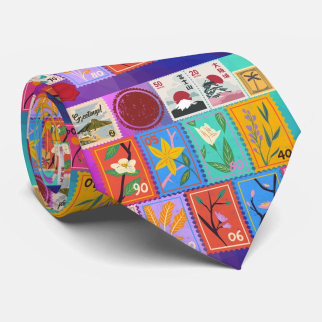 Fake Masterpiece Random Stamps Collage Collection Tie (Rolled)