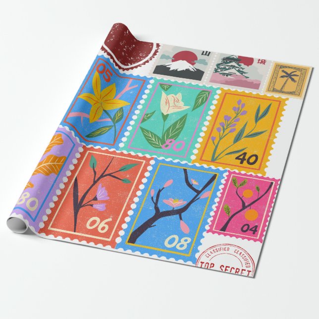 Fake Masterpiece Random Stamps Collage Collection Wrapping Paper (Unrolled)