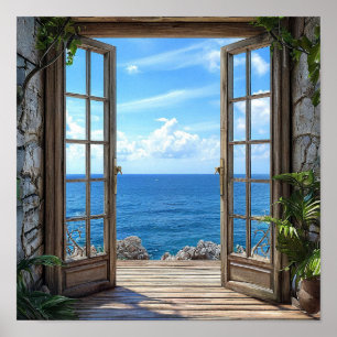 Fake window Coastal Beach Scenery Home Décor 🌊🪟 Poster
