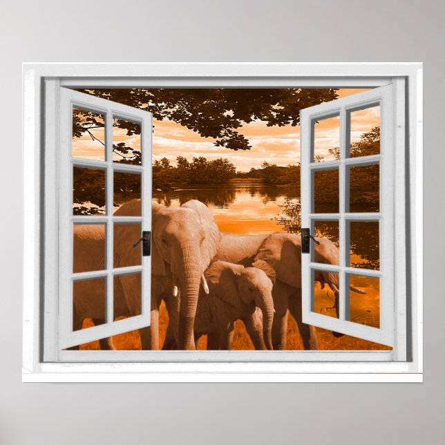  Fake Window Elephants At Sunset Poster (Front)