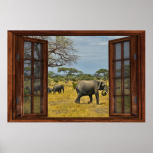 Fake Window Illusion - African Elephants Poster